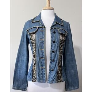 JUST B Denim Boho Western Jean Jacket w/ Black Gold Lace Beaded Material Girl S